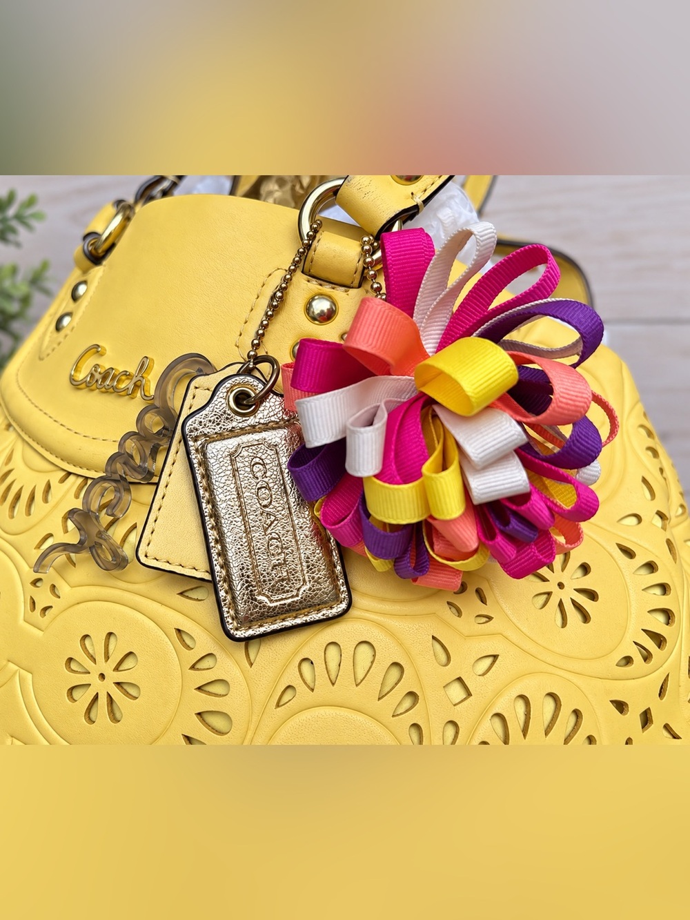 2013 Coach Ashley Lace Eyelet Leather Carryall F21883 – Vintage-Era Rare Yellow - Picture 3 of 16
